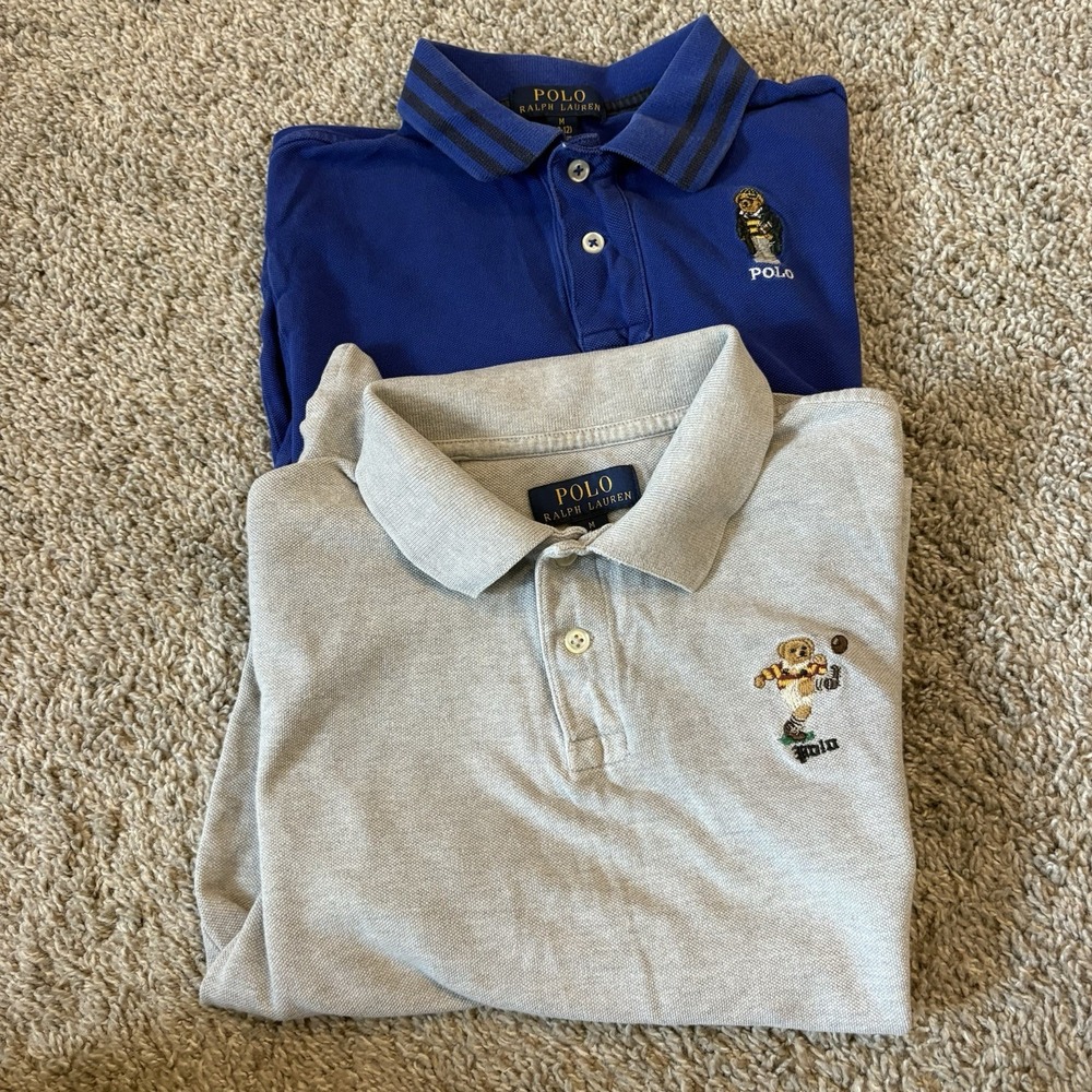 2 Lot Polo Ralph Lauren Boys Embroidered Football Bear Mesh Polo Shirt Med 10-12